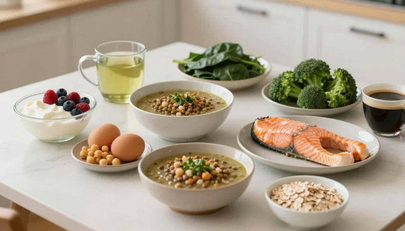 A cozy table with simple everyday foods that support a healthy metabolism, including eggs, yogurt, lentils, salmon, greens, tea, and fresh vegetables.