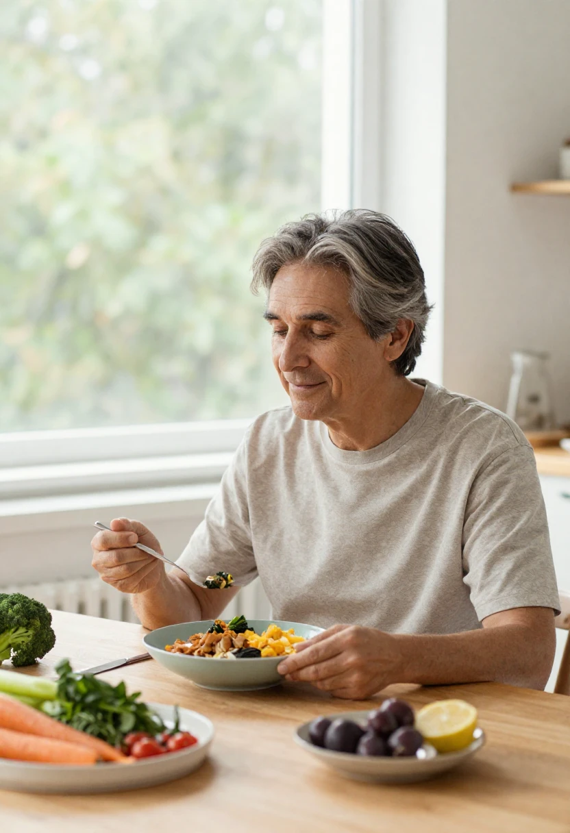 Wholesome meal and peaceful daily routine symbolizing healthy aging and mindful eating