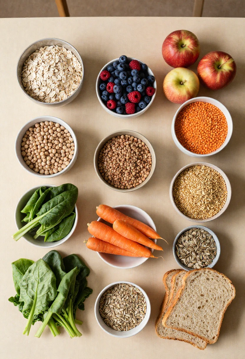 A table filled with colorful high-fiber foods like oats, berries, lentils, greens, and whole grains.
