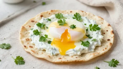 Herb yogurt flatbread with poached eggs and fresh herbs in soft natural light