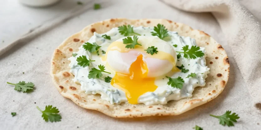 Herb yogurt flatbread with poached eggs and fresh herbs in soft natural light
