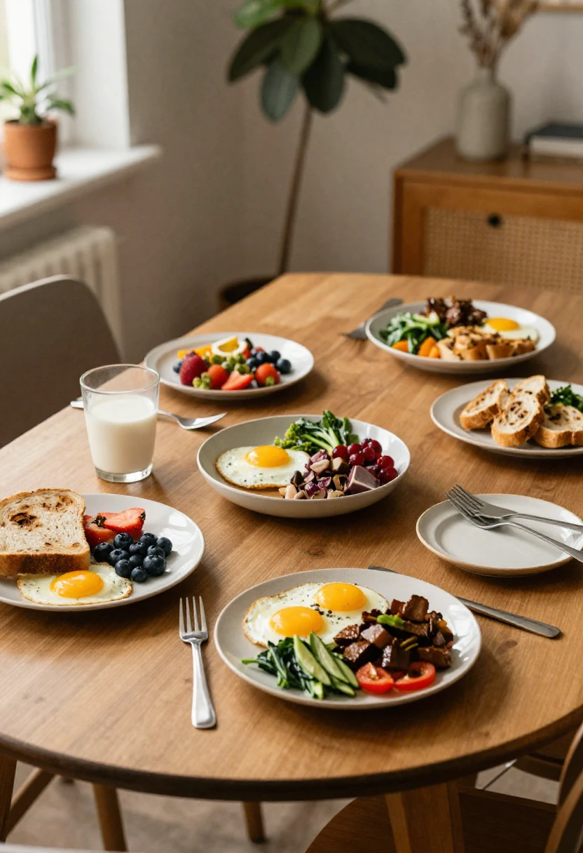 Flexible healthy meal timing shown through a warm editorial home dining scene