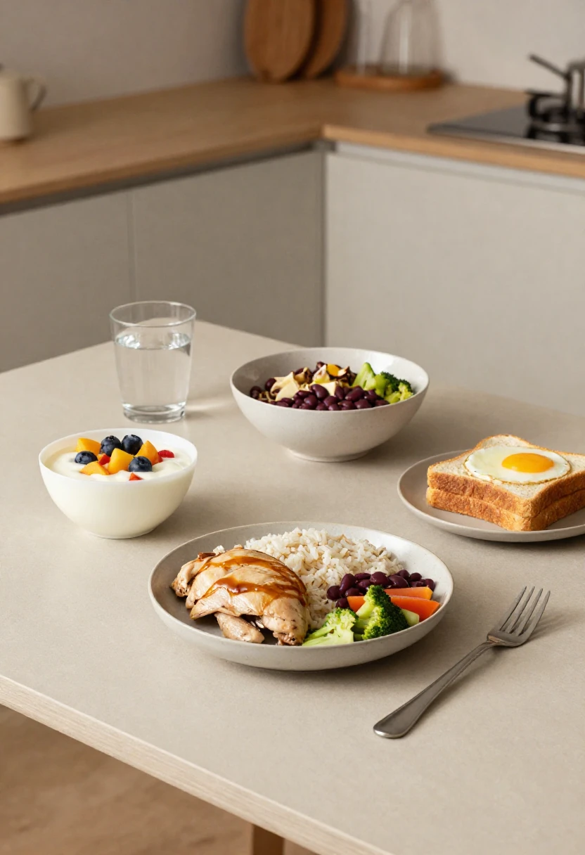 A balanced table with ordinary mixed meals that suggests food combining myths matter less than portion size and personal tolerance.