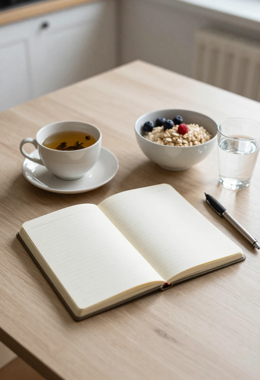 A food journal beside oatmeal, herbal tea, and water, representing mindful tracking of foods that may bother digestion.