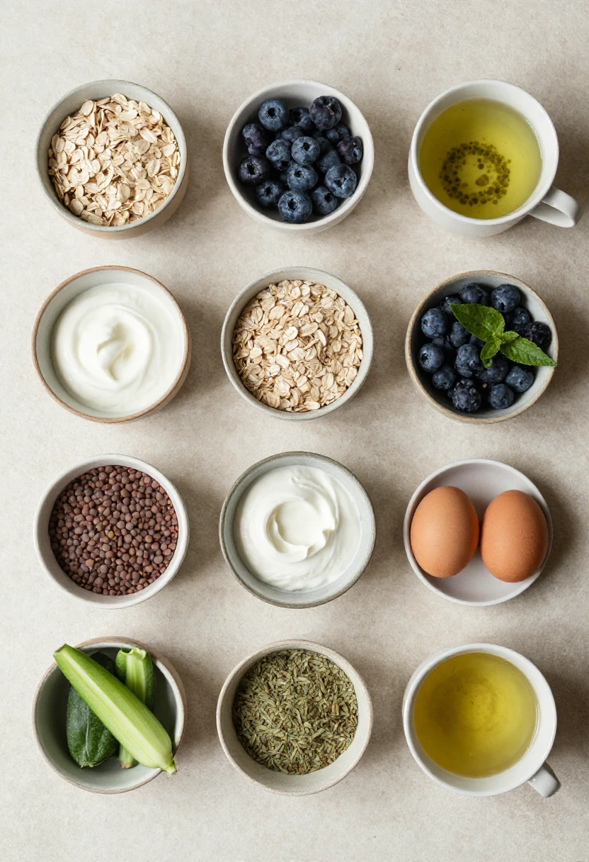 A flat lay of protein-rich, fiber-rich, and hydrating foods often linked with metabolism support.