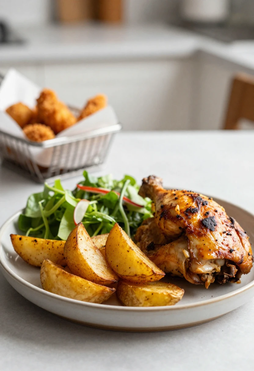 A lighter meal with baked chicken, roasted potato wedges, and salad as a gentler alternative to fried and greasy foods.