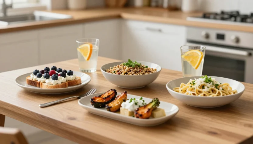 Simple everyday meals upgraded with fresh toppings, texture, and color on a warm kitchen table.