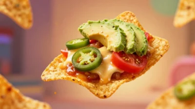 Tortilla chip topped with melted cheese, jalapeño slices, tomato, and avocado on a crispy chip