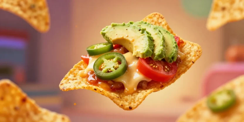 Tortilla chip topped with melted cheese, jalapeño slices, tomato, and avocado on a crispy chip