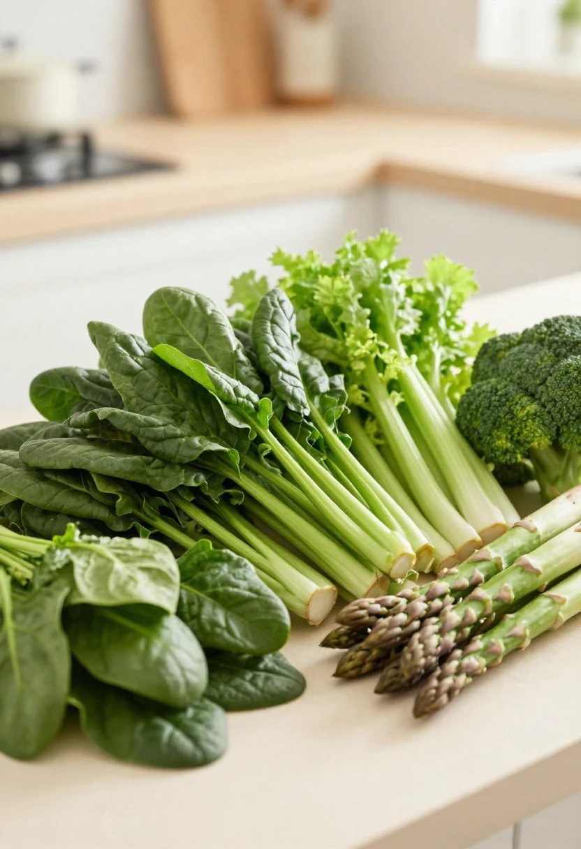 A fresh arrangement of green vegetables such as spinach, broccoli, asparagus, and celery.