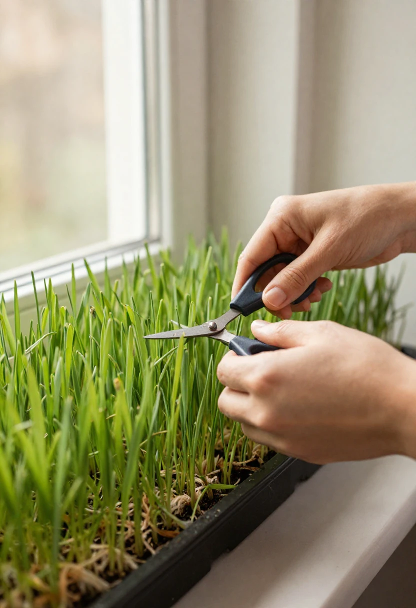 Hands harvesting fresh wheatgrass with scissors from a home growing tray by a sunny window