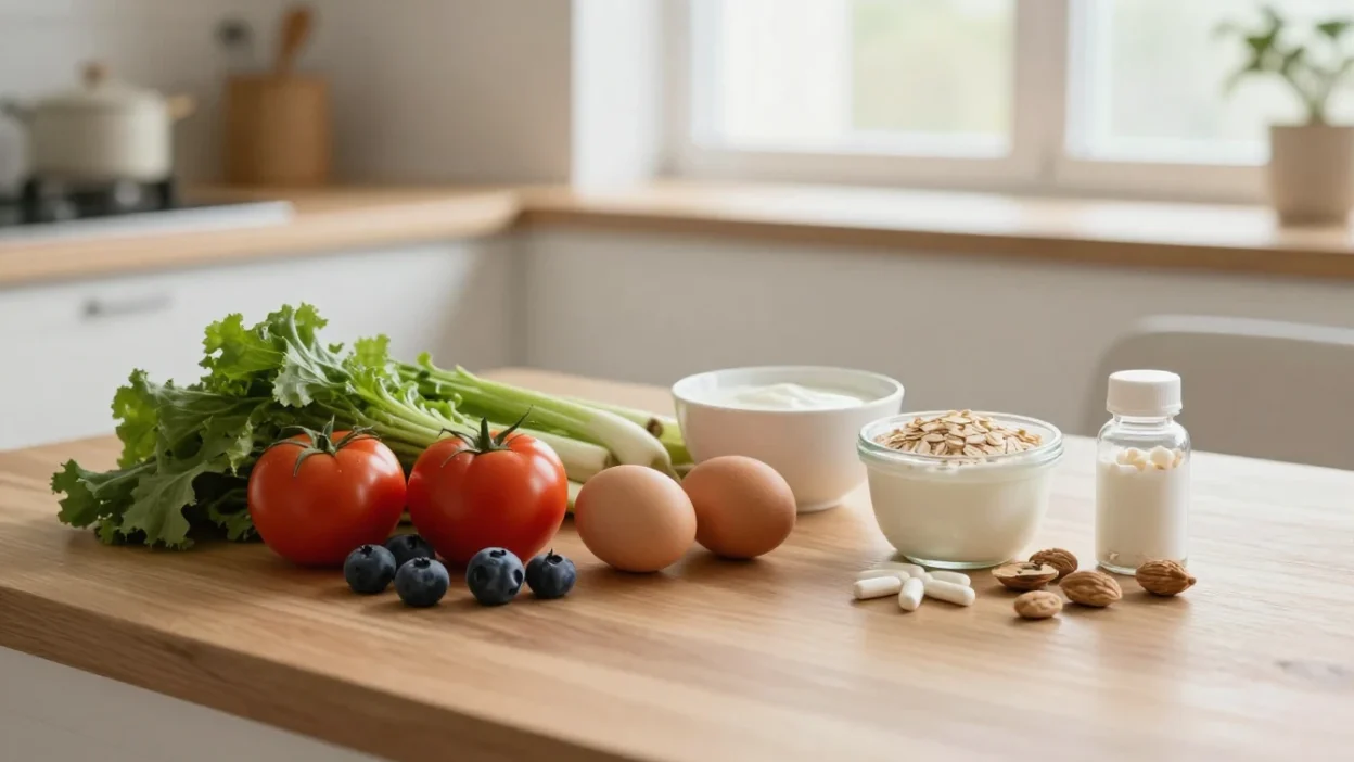 Health supplements beside fresh whole foods on a warm kitchen table