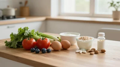 Health supplements beside fresh whole foods on a warm kitchen table