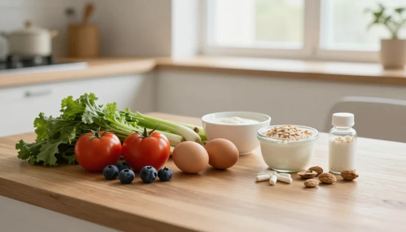 Health supplements beside fresh whole foods on a warm kitchen table