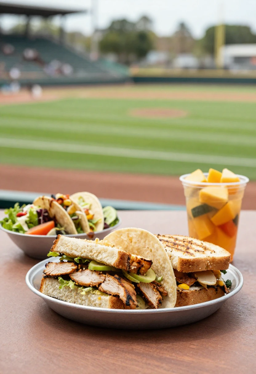 Fresh healthier ballpark foods including tacos, salad, and sandwich.