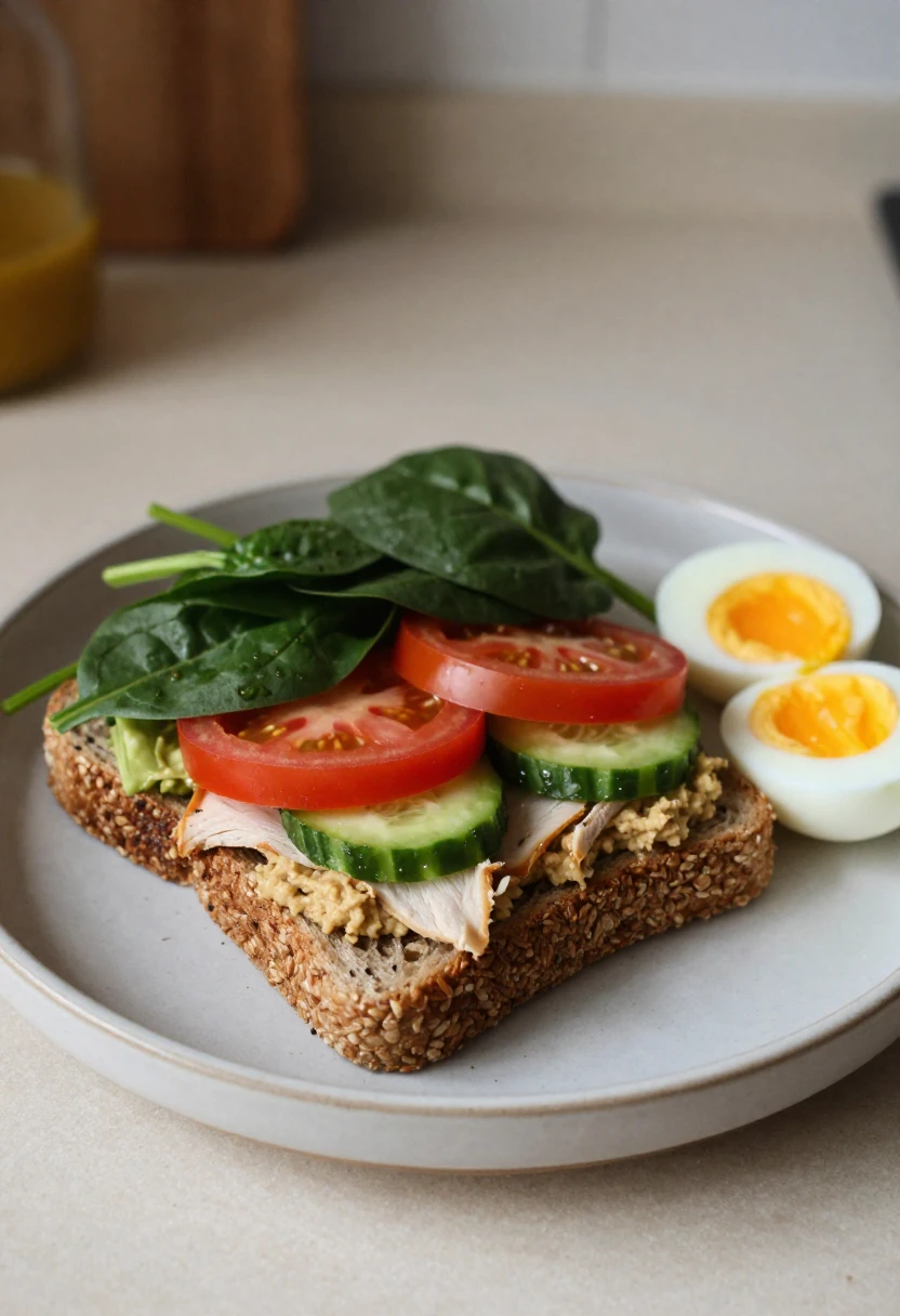 Healthy whole grain sandwich and avocado toast with fresh greens, tomato, cucumber, turkey, hummus, and egg.