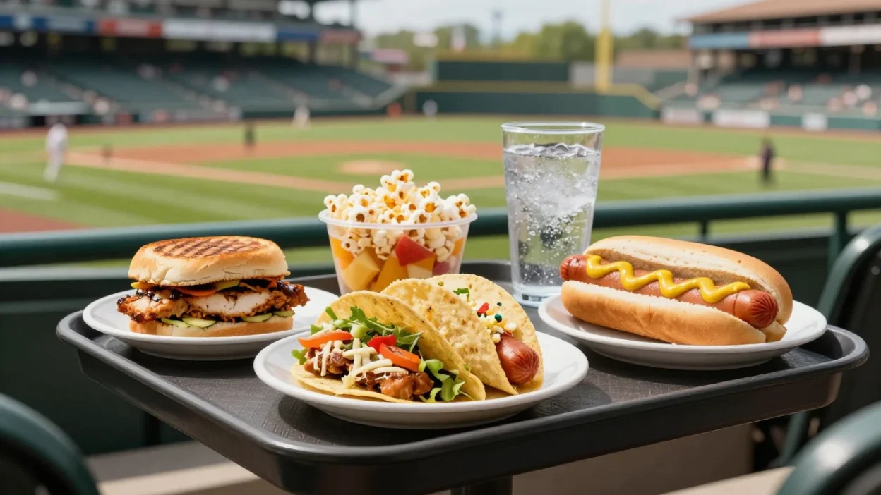 Healthy ballpark snacks, drinks, and meals enjoyed at a sunny baseball game.