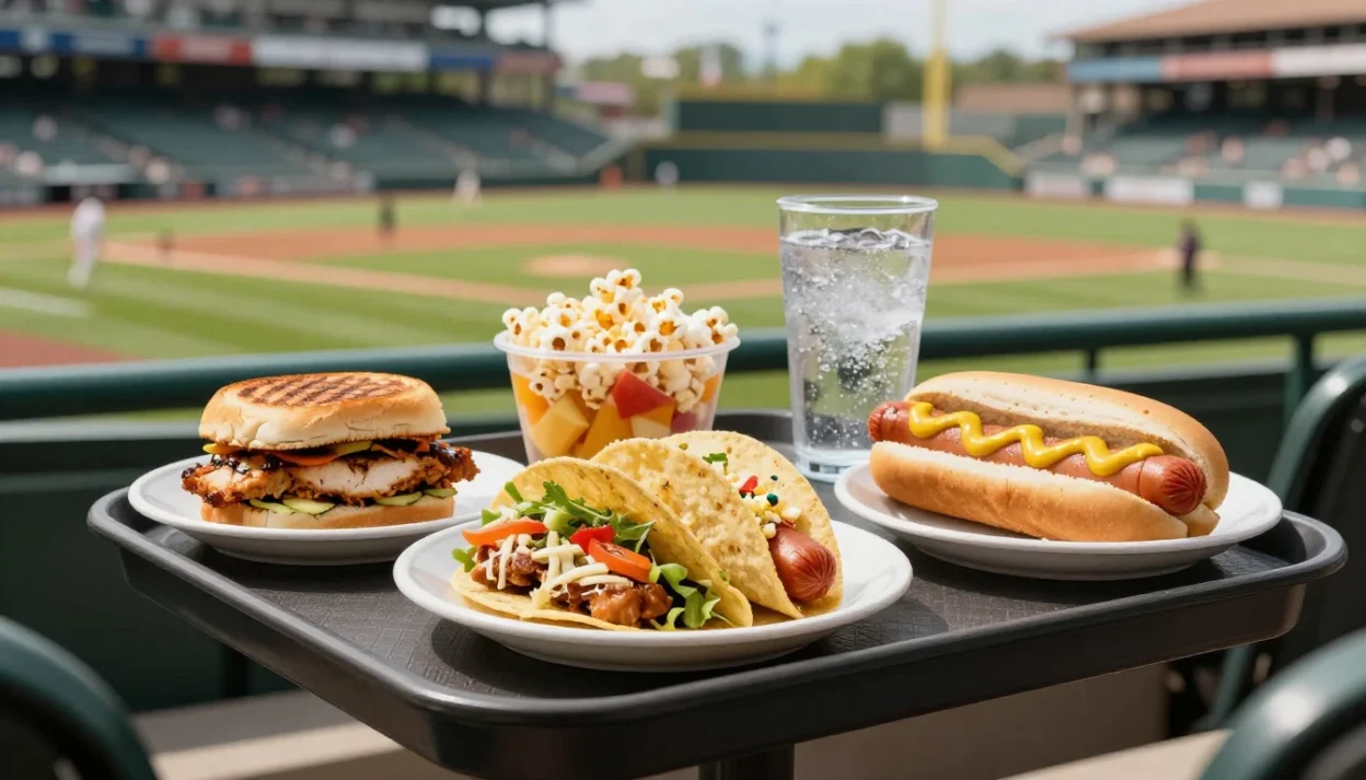 Healthy ballpark snacks, drinks, and meals enjoyed at a sunny baseball game.