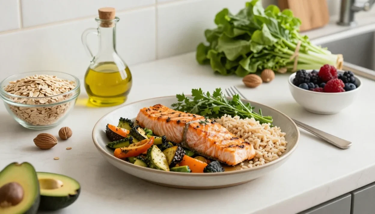 Balanced healthy meal with salmon, vegetables, rice, and fresh whole foods in warm natural light
