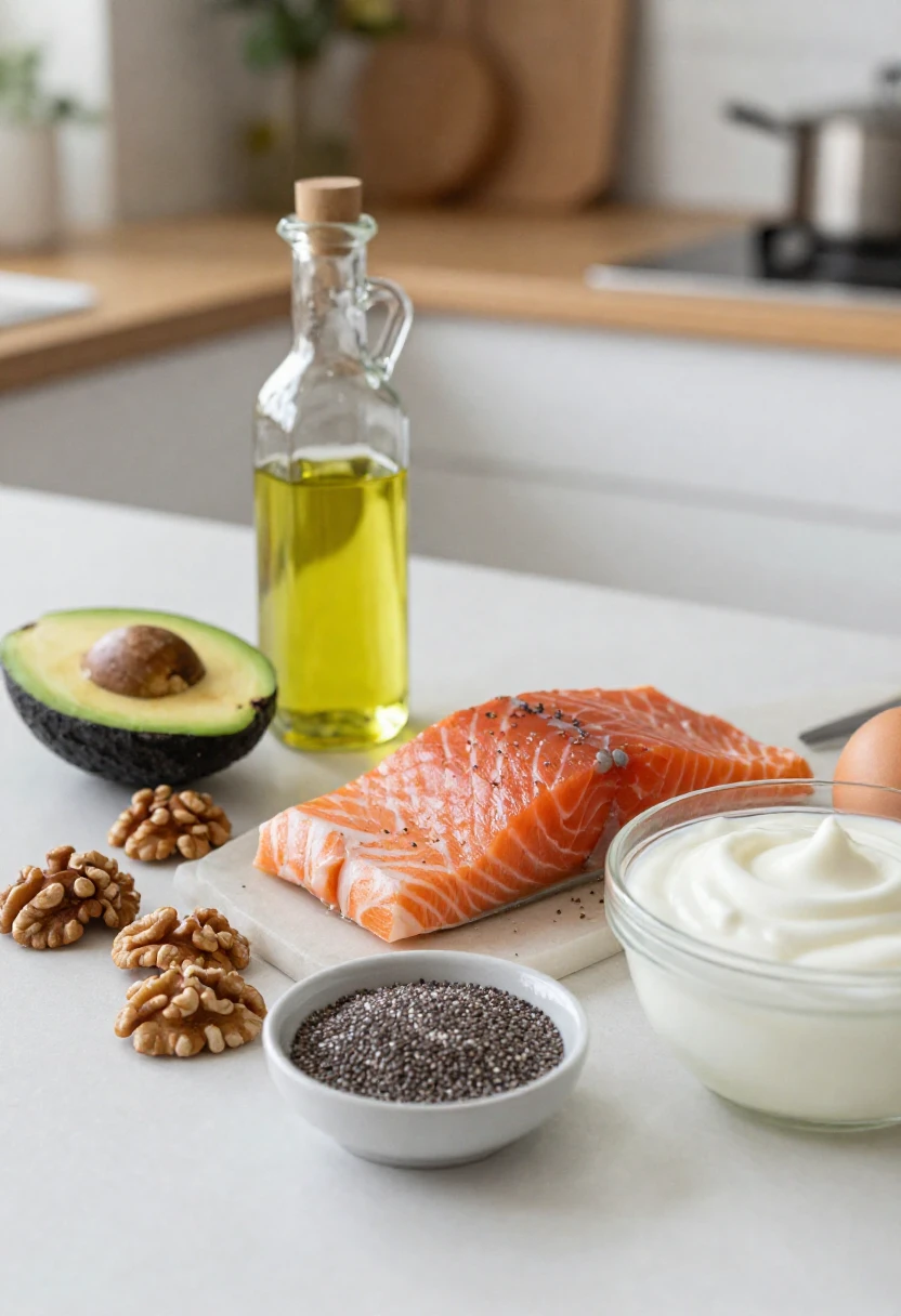 A selection of healthy fats including avocado, olive oil, salmon, walnuts, seeds, eggs, and yogurt.