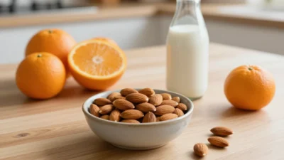 Almonds, citrus fruits, and milk arranged on a warm kitchen table as healthy foods for glowing skin