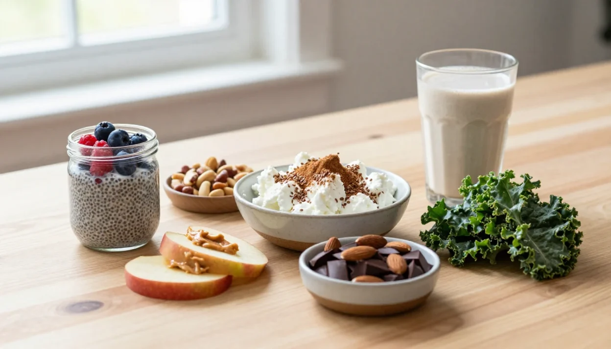 Healthy everyday guilt-free snacks arranged on a wooden table in soft natural light.