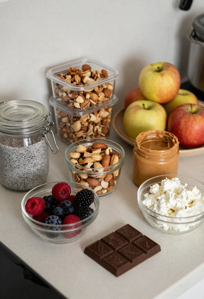 Healthy snack staples prepped and ready in a bright kitchen.
