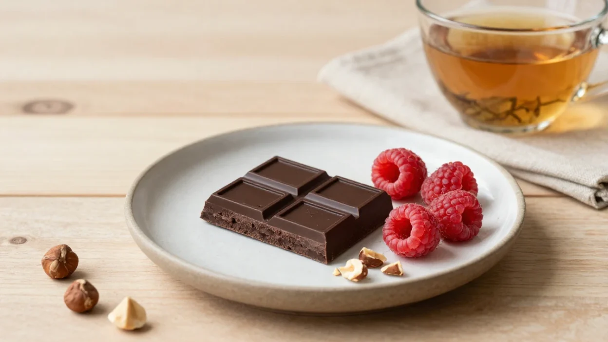 Dark chocolate served with raspberries and nuts in soft natural light for a healthy chocolate lifestyle article