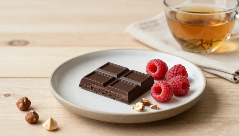 Dark chocolate served with raspberries and nuts in soft natural light for a healthy chocolate lifestyle article