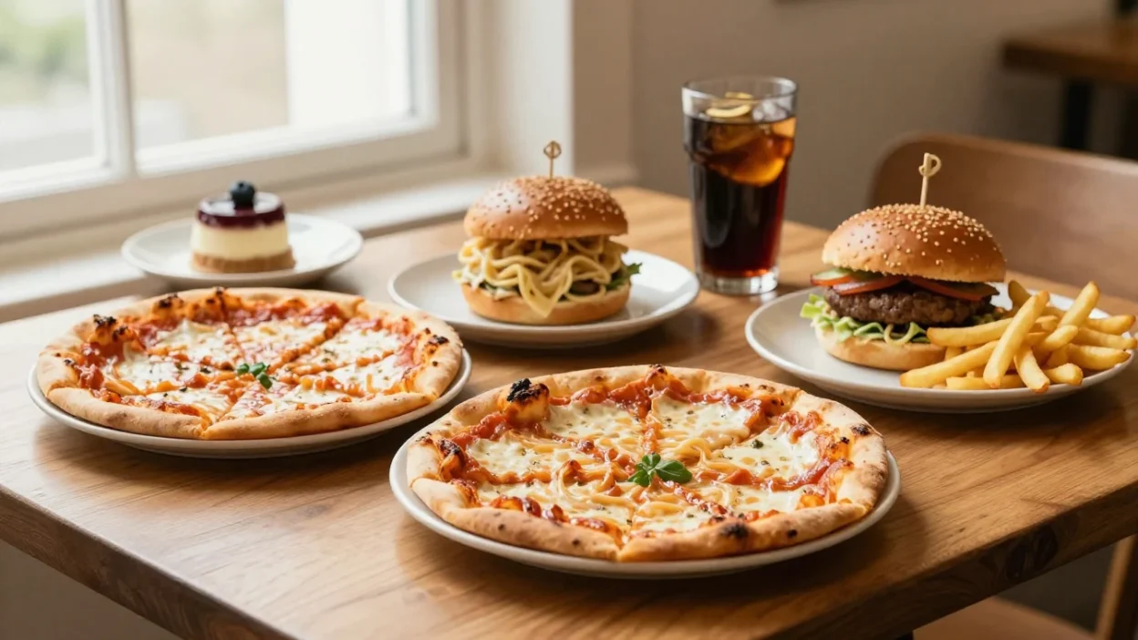 A warm editorial table scene with pizza, burger and fries, creamy pasta, soda, and dessert representing heavy food pairings that may cause bloating.