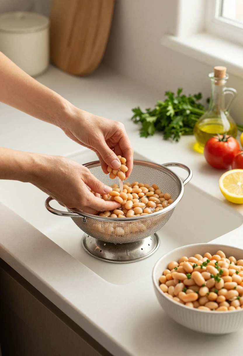 Low-sodium canned beans being rinsed and prepared with fresh vegetables and herbs for a more gut-friendly meal.