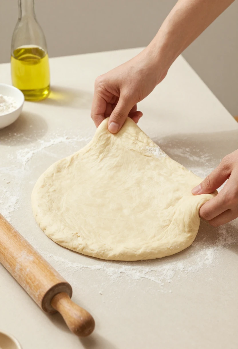 Pizza dough being stretched by hand on a floured kitchen counter
