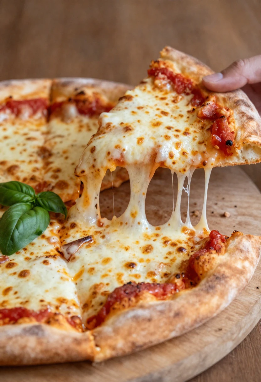 Homemade pizza slice with melted mozzarella cheese stretching from the crust