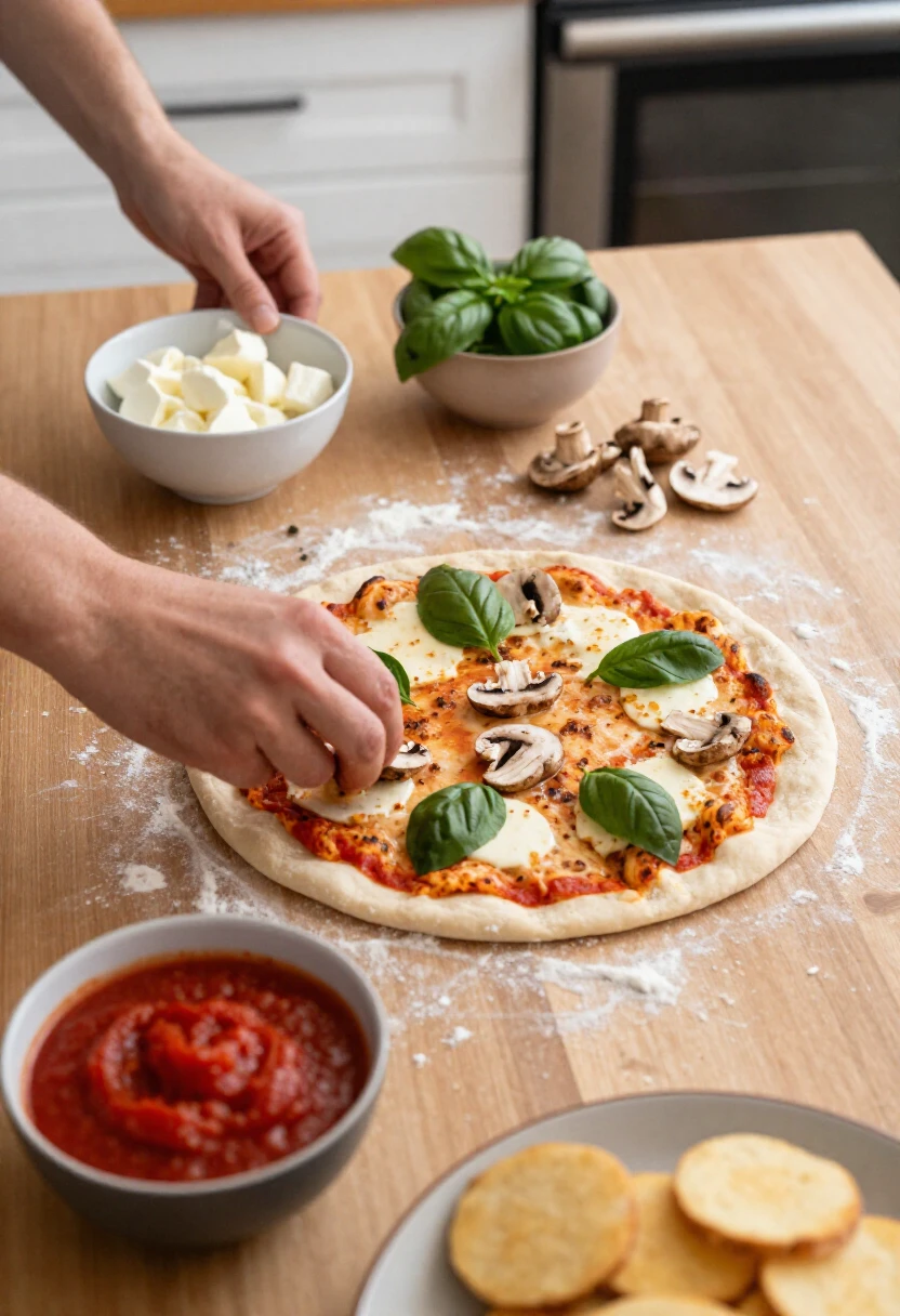 Hands adding toppings to homemade pizza dough during a cozy pizza night