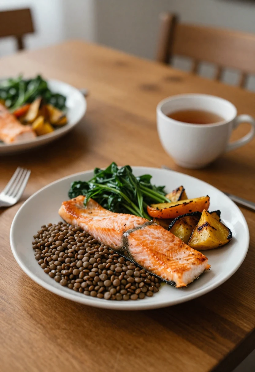 A balanced meal with vegetables, greens, and tea that reflects everyday healthy eating.