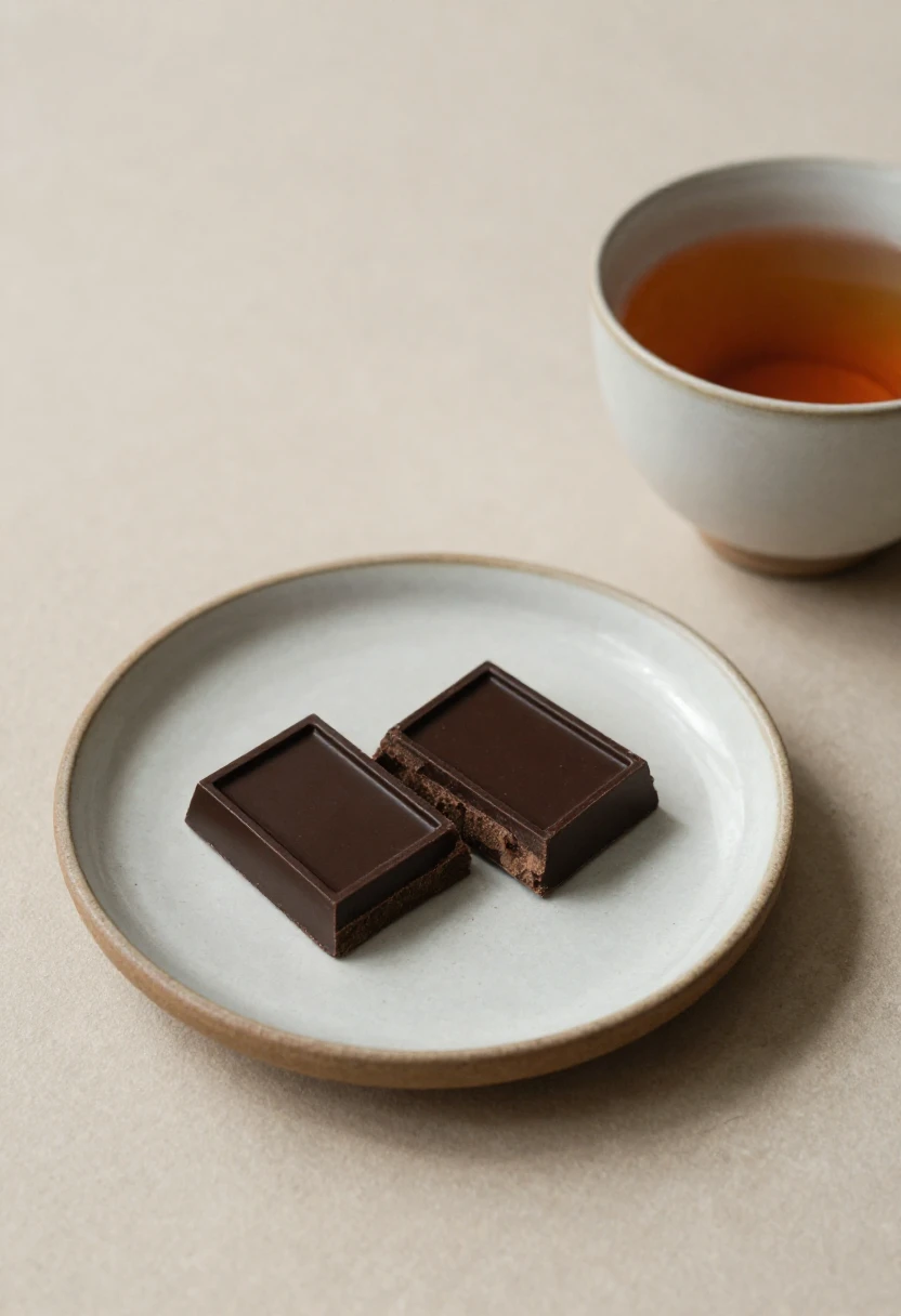 Two dark chocolate squares on a light ceramic plate with a cup of tea in the background. A concise description of the scene for screen readers.