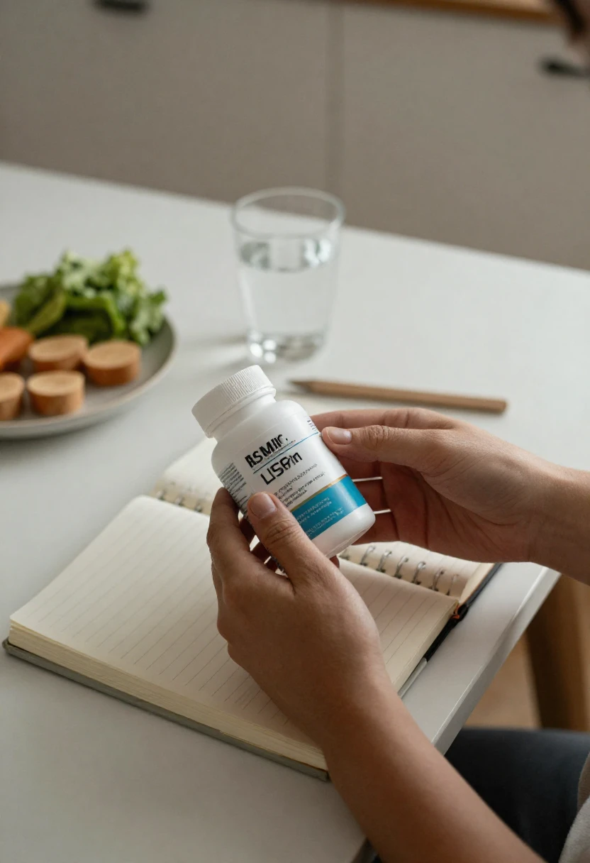 Person reading a supplement label carefully at home