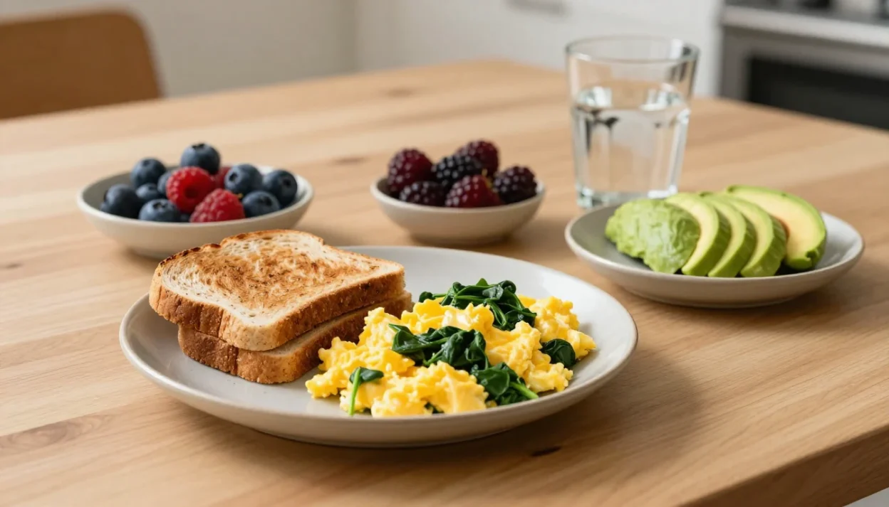 Balanced healthy breakfast with whole grain toast, eggs, spinach, berries, and avocado on a cozy kitchen table.