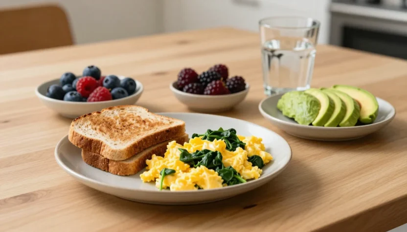 Balanced healthy breakfast with whole grain toast, eggs, spinach, berries, and avocado on a cozy kitchen table.
