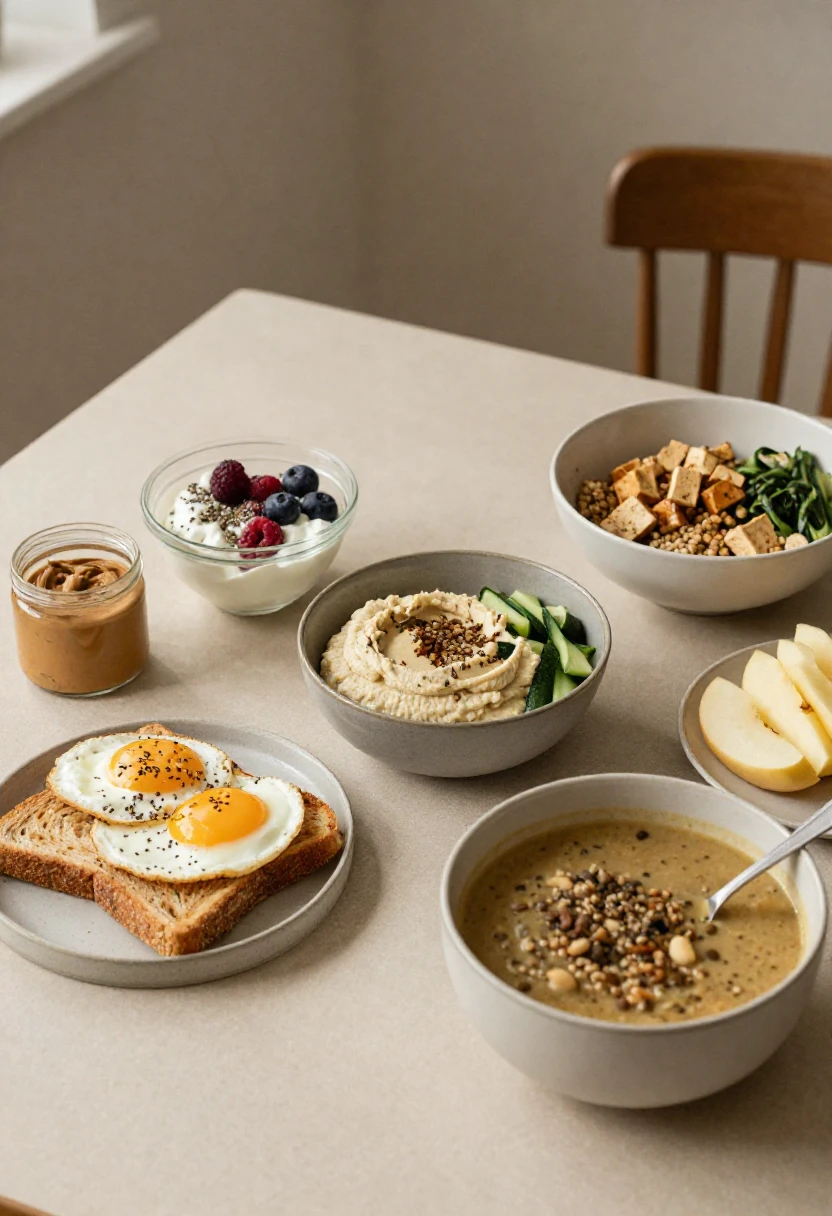 Simple everyday meals and snacks with protein-rich foods arranged on a warmly lit kitchen table