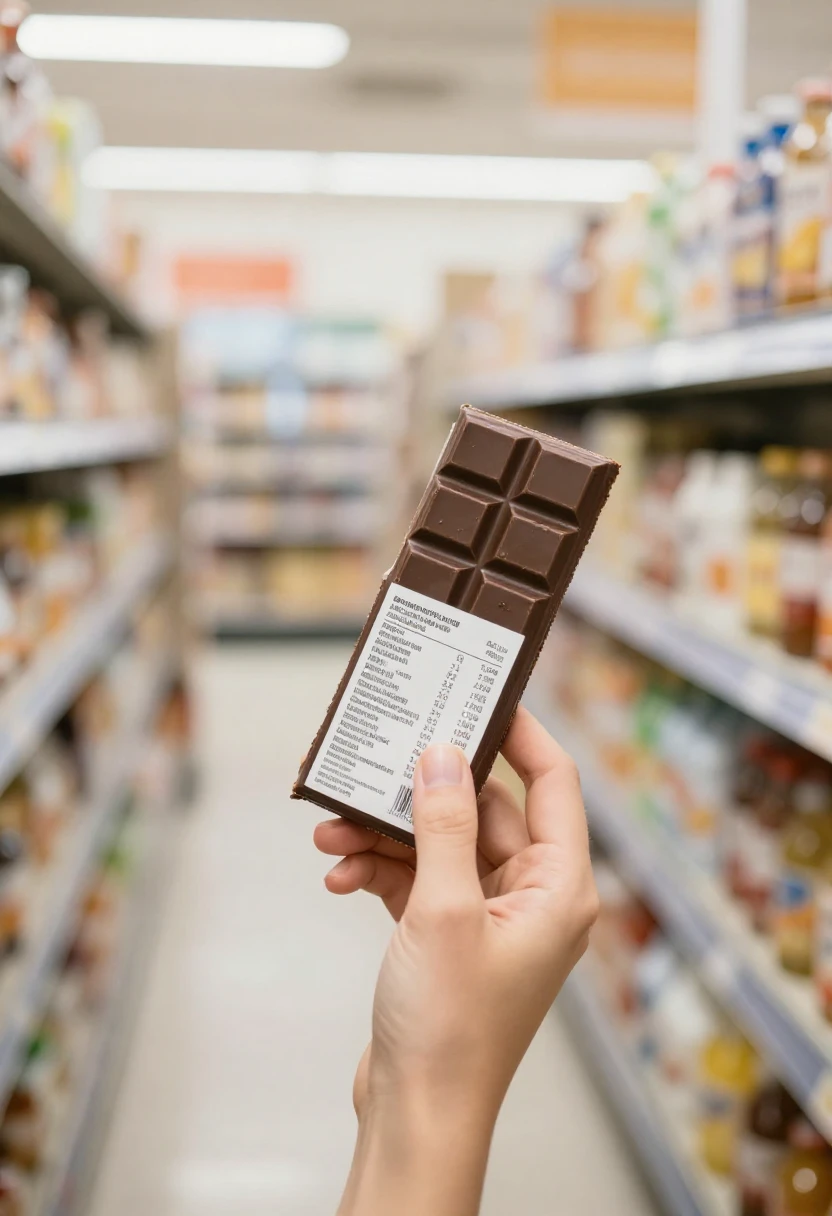 Person holding a chocolate bar with the nutrition facts label visible in a grocery store aisle.