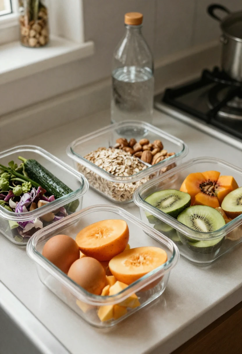Simple whole foods arranged in a cozy kitchen for starting time-restricted eating gently.