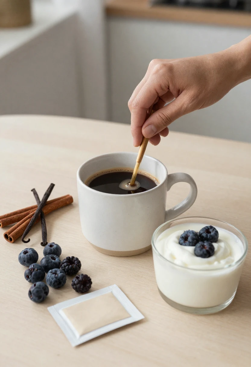 Coffee, cinnamon, yogurt, and berries showing smarter ways to use sweeteners in moderation.