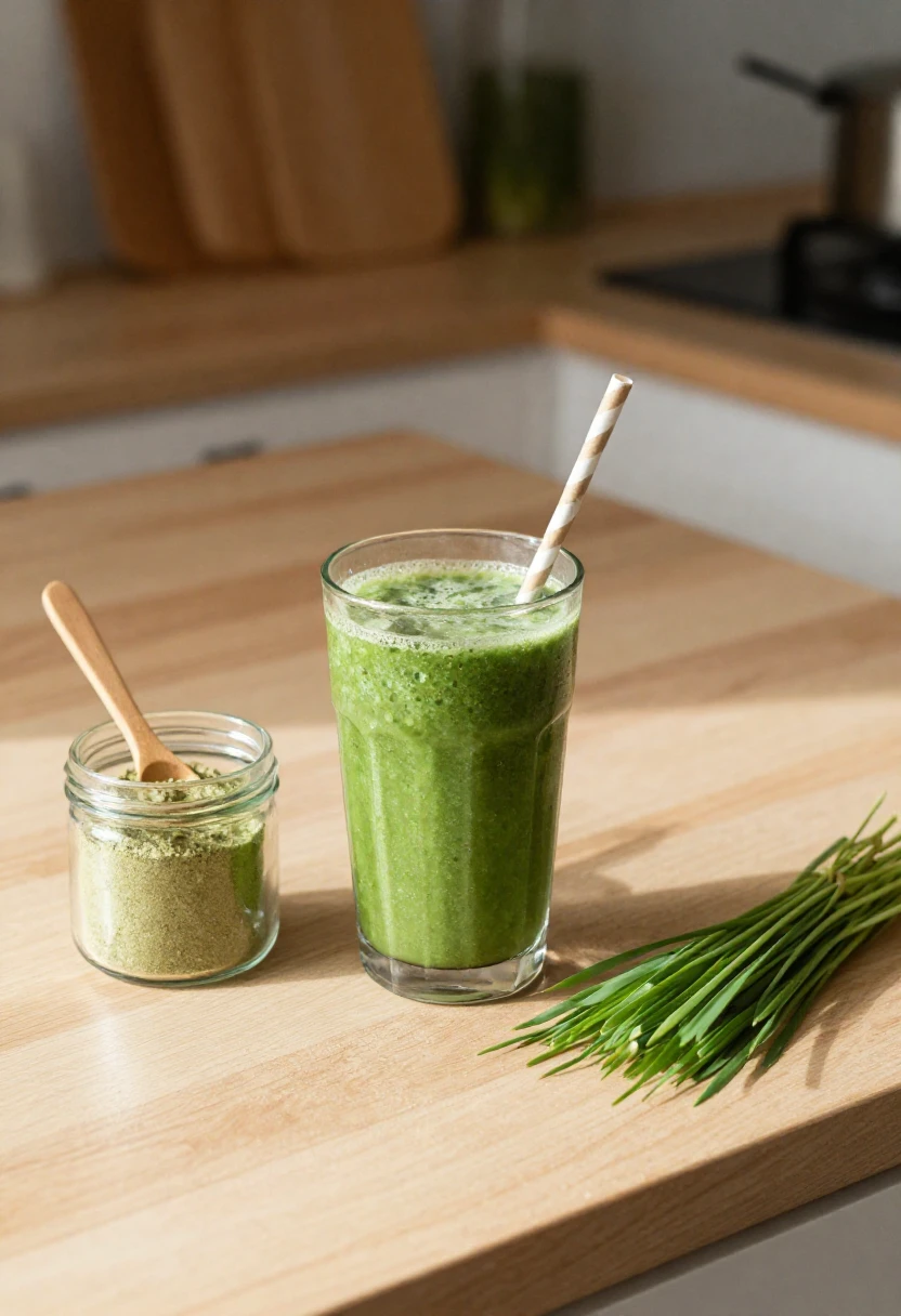 Green smoothie with wheatgrass powder and fresh wheatgrass on a wooden kitchen counter
