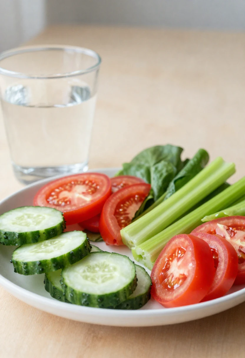 Hydrating vegetables and water arranged in a fresh, light food scene.