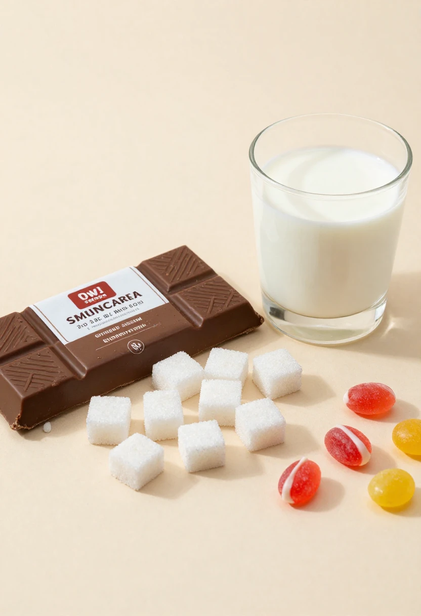 Chocolate label with sugar cubes and milk showing less healthy chocolate ingredients