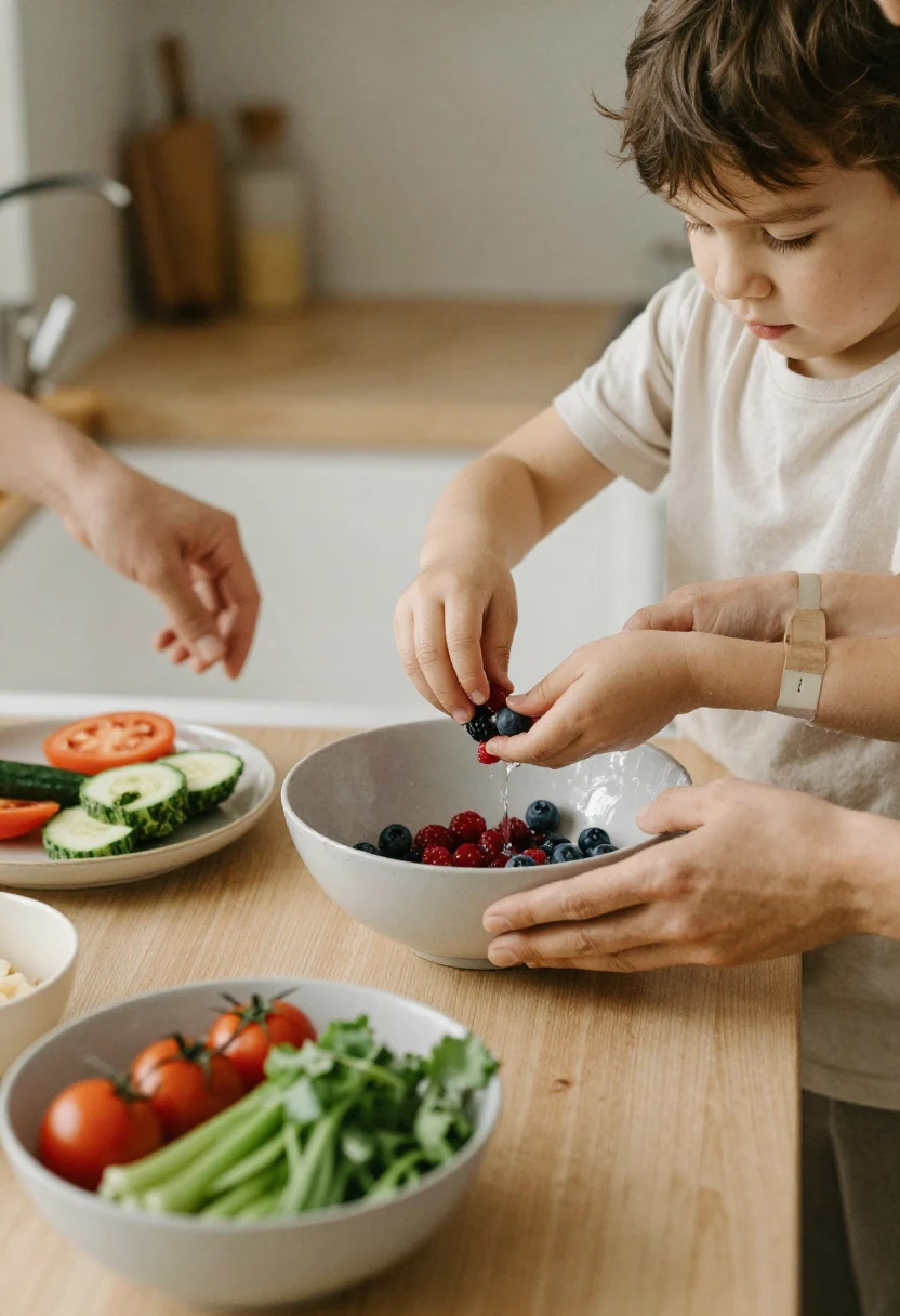 A child helping prepare fresh food in a cozy kitchen to build healthier eating habits.