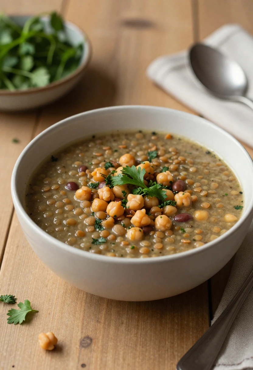 A warm bowl of lentil soup with legumes in a cozy kitchen setting.