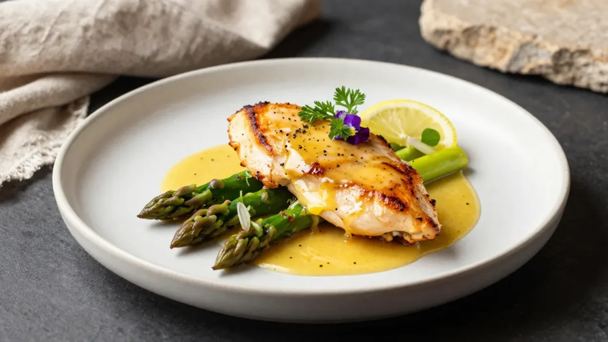 Plated lemon pepper chicken with asparagus, herbs, and lemon garnish on a styled background