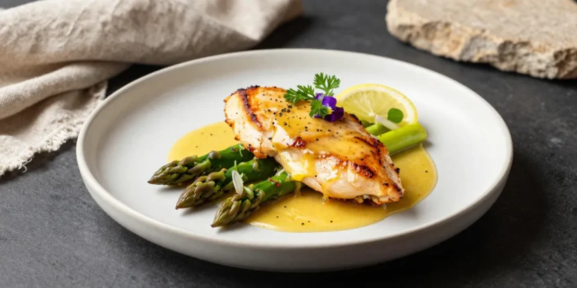 Plated lemon pepper chicken with asparagus, herbs, and lemon garnish on a styled background